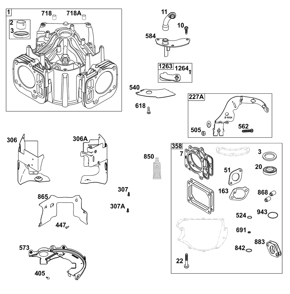 Cylinder Group Diagram and Parts List for 44U877-0012-B5 400000 - 699999 Briggs and Stratton Engine